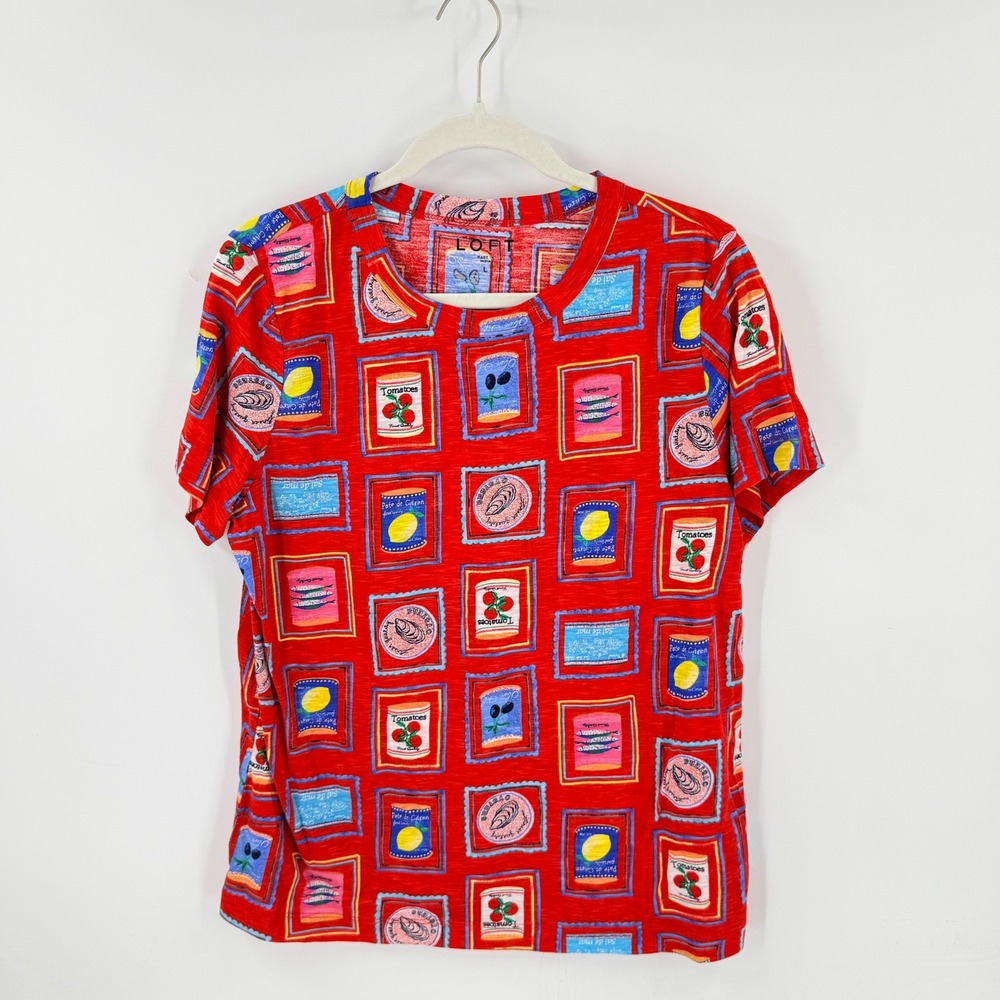LOFT Graphic T-Shirt Red Large Seafood Canned Goods Print Novelty Pop Art Tee